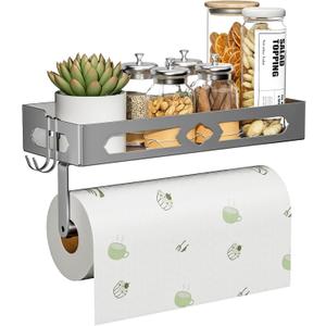 Stylish Kitchen Paper Towel Holder with Shelf - Adhesive Hand Towel Holder for Bathroom Wall Mount, Rust-Resistant Matte Grey Finish for RV Toilet Paper Holder Rack, Easy One-Handed Operation Design (Gray)
