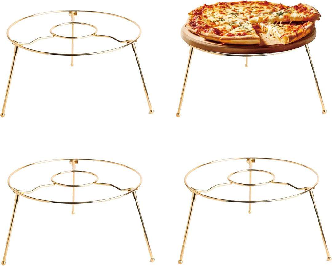 HOHIYA 4 Pack 9" Pizza Stand Riser Display Heavy Duty Metal Food Holder for Pizza Cake Dessert & Buffet Table Space Saving Serving Platter Stand Non-Slip Brass Gold