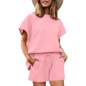 Tankaneo Womens Loungewear Set Short Sleeve Tops and Shorts 2 Piece Outfits Matching Lounge Pajama Set with Pockets (Small, Pink)