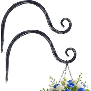 BEGINS Plant Hangers Outdoor Wrought Iron Metal Hanger Hook 2 Pack 8 inch Wall Bracket Hooks for Flower Pots, Wind Chimes, Solar Lanterns, Garden Decor (Black)