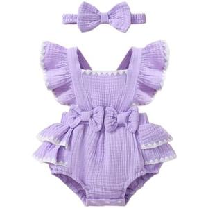 Megeoly Baby Girl Summer Clothes Ruffle Sleeve Cotton Linen Romper Dress Infant Girls Lace Trim Jumpsuit with Headband 12-18M
