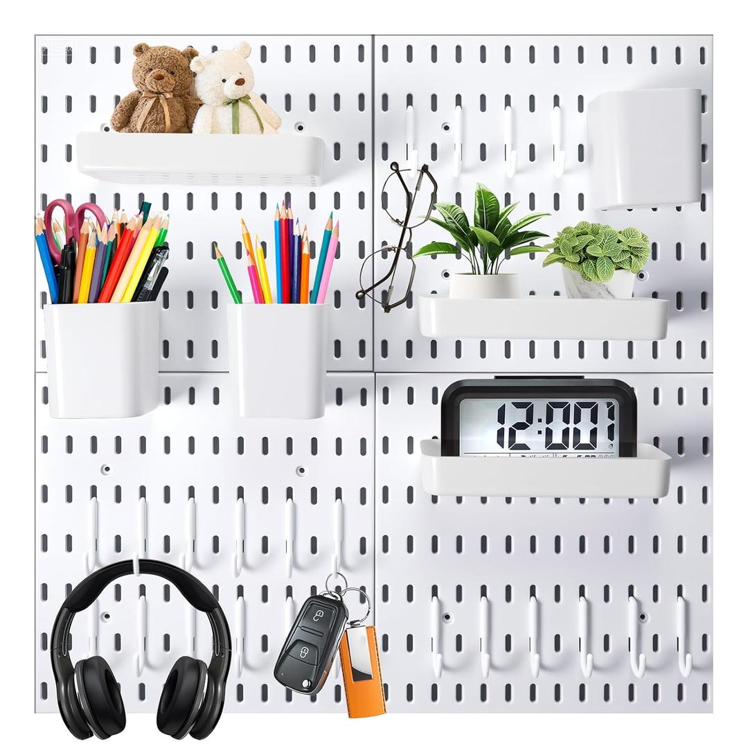 Wall Mount Peg Board Organizer 45pcs Kit, 4 Panels and 41 Accessories Pegboard Wall Organizer with Hooks, Bins, Shelves, DIY Tool Storage Pegboards Kits for Home Office Space Saving (White, 22"22")