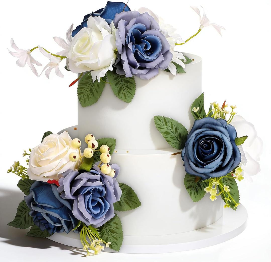 Wedding Cake Topper Flowers 3 Piece, Pre-made Flower Cake Decorations Cake Topper Artificial Rose Flowers for Wedding Cake Decor Baby Shower Birthday Party