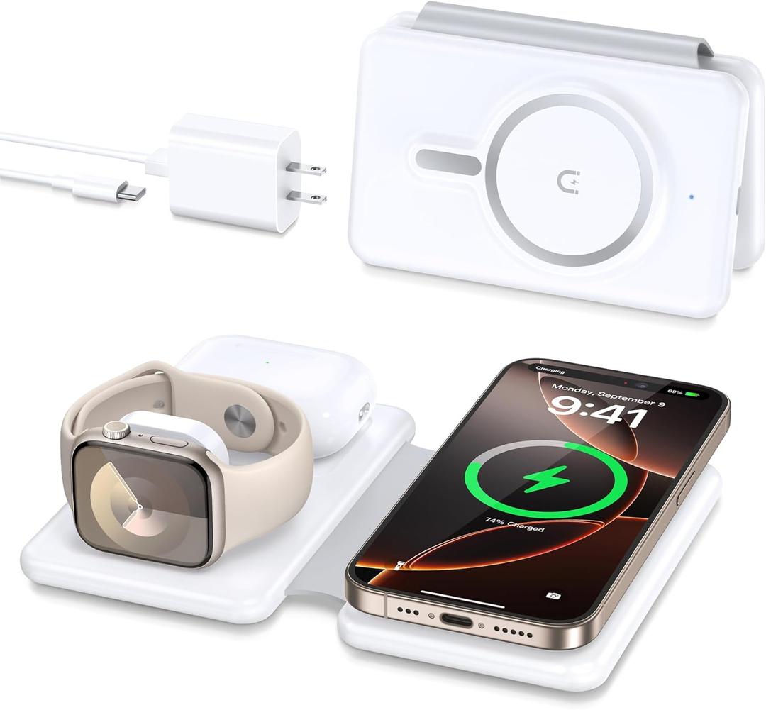 Magnetic Wireless Charger for iPhone: 3 in 1 Travel Charging Station for Apple Devices for iPhone 16 15 14 13 12 Pro Max Plus - Foldable Charging Pad for Apple Watch Series & Airpods 4 3 2 Pro (White)