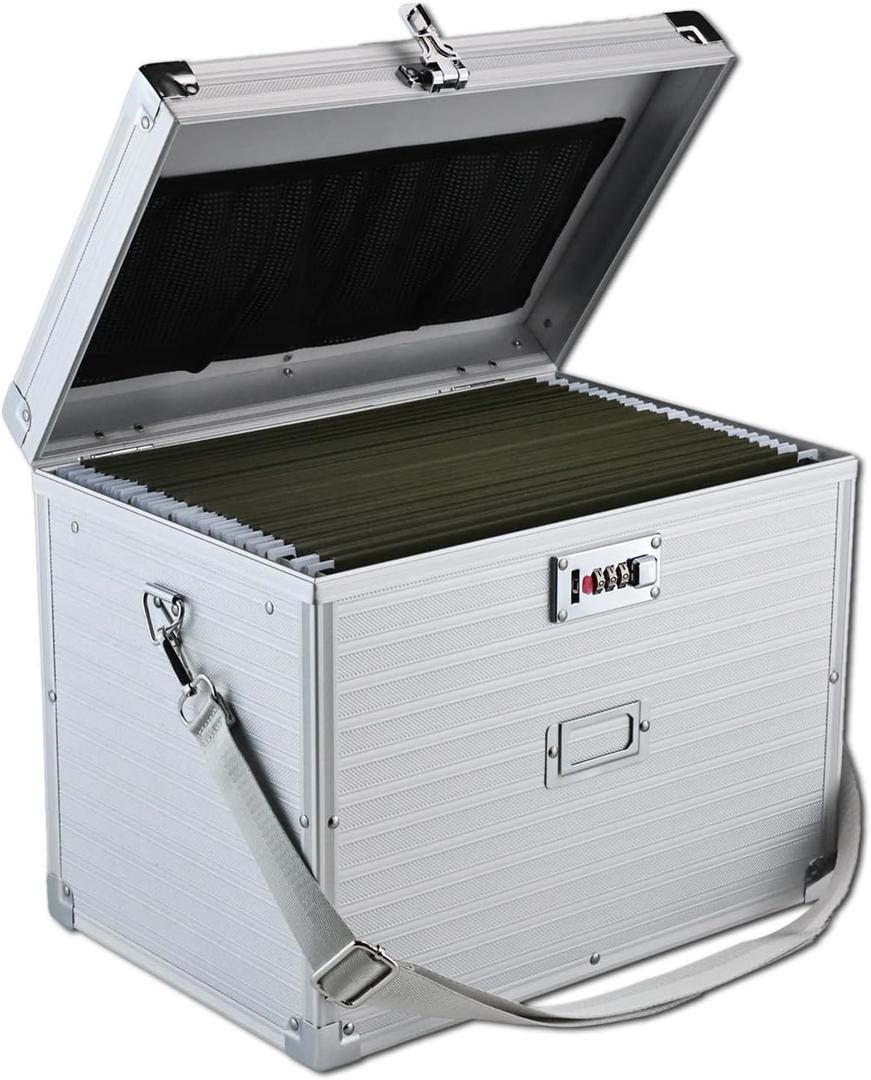 File Storage Cabinet File Organizer Document Organizer File Box in Office and Home with Combination Lock with 20 Letter Size Hanging Files (Stripe Silver)