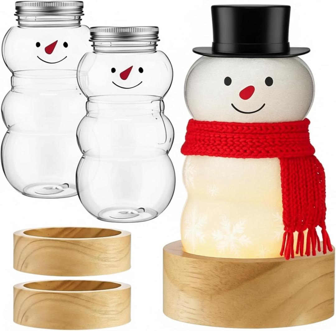 2 Set Christmas DIY Snow Globe Kit 5.9 Inch Light up Clear Snowman Face Fillable Water Globe with Wooden Base, Screw Off Cap, for Ornaments Crafts Home Winter Christmas Decoration