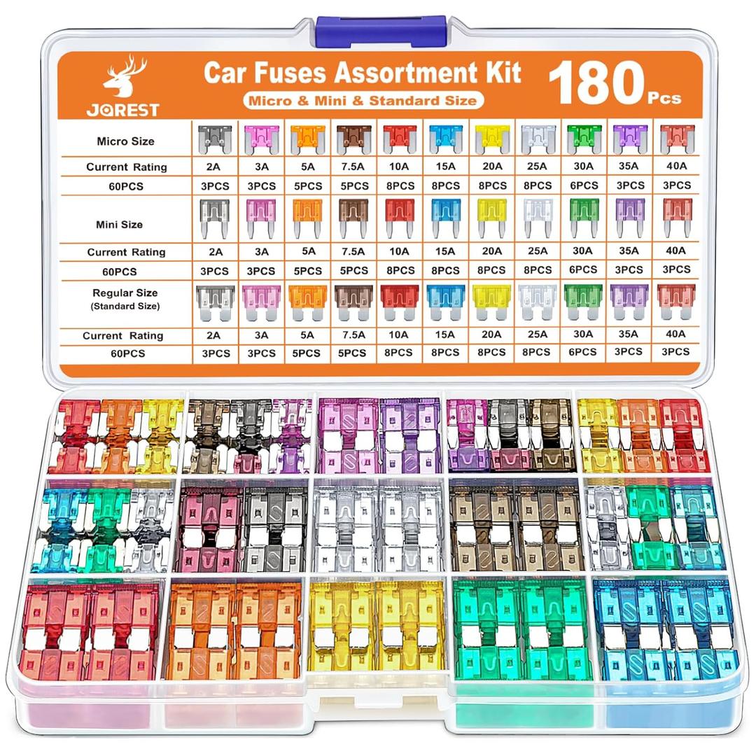 JOREST 180Pcs Fuse Kit,60 Mini Car Fuses Assortment + 60 Standard Blade Automotive Fuses + 60 Micro Fuses Auto + 1 Puller 11 Specifications: 2Amp 3A 5A 7.5A 10A 15A 20A 25A 30A 35A 40A