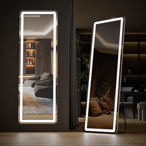 Sweetcrispy 64"x21" Mirror Full Length Standing Mirror with LED Lights, Lighted Floor Mirror with Stand, w/Dimming & 3 Color Lighting, Wall Mirror Full Length Aluminum Alloy Thin Frame, White
