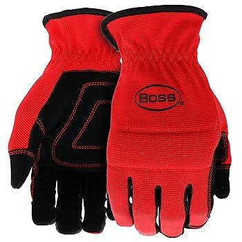 BOSS Men's Task High Performance Synthetic Leather Palm Work Gloves, Abrasion Resistant, Black, Red, Yellow, L