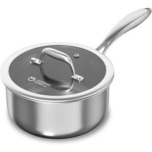 COOKER KING 1.5 Quart Stainless Steel Saucepan, Nonstick Sauce Pan, Ceramic Suce Pot with Tempered Glass Lid, Induction Pot Compatible with All Cooktops, Dishwasher & Oven Safe(PFAS/PFOA/PTFE Free)