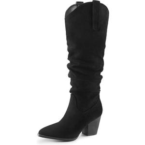 mysoft Women's Cowboy Knee-High Boots Pointed Toe Mid Chunky Heel Pull On Slouchy Boots with Zippers (9.5, Black)