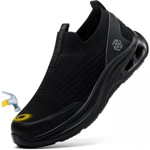 Steel Toe Shoes Men Lightweight Comfortable Work Shoes Slip On Safety Shoe Walking Sneakers Puncture Proof Loafers (11, 938-black)