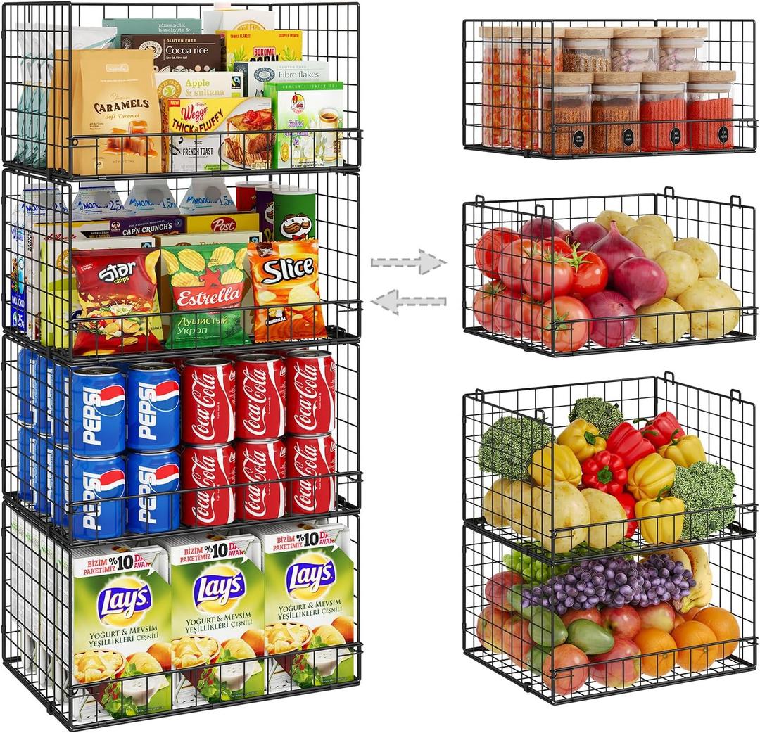 4 Pack Stackable Wire Baskets for Pantry Organizers and Storage, Large Pantry Basket for Snack Organizer, Foldable Fruit and Vegetable Storage Bin Store Can Onion Potato for Kitchen Cabinet/Countertop (Black)