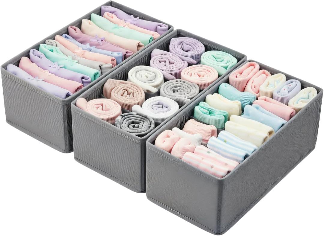 Small Foldable Fabric Drawer Organizer 3-Pack - 11 Breathable Closet & Dresser Storage Bins for Socks, Underwear, Bras & Baby Clothes, Gray