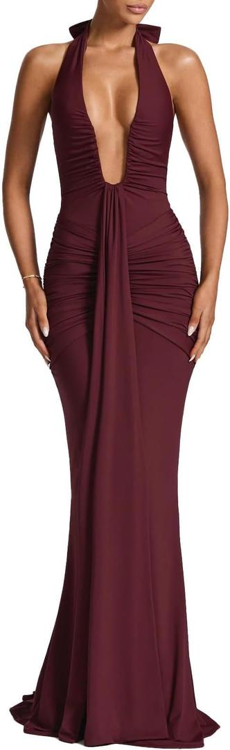 Women Deep V Neck Ruched Maxi Dress Sleeveless Halter Gown Cocktail Evening Formal Dresses Size M