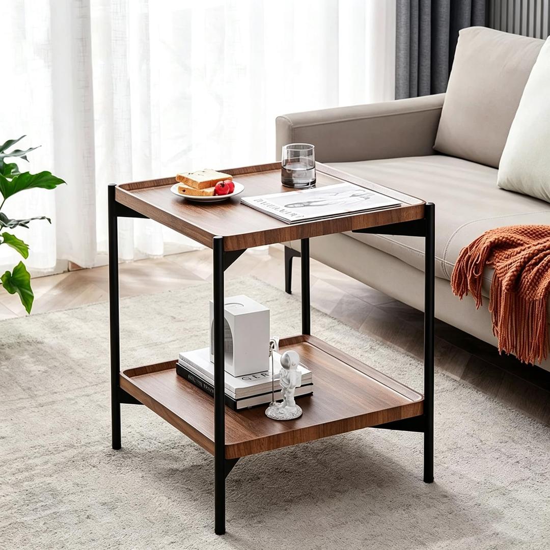 2 Tier Side Table, Small Square End Table with Sturdy Metal Legs, 20 inch Nightstand for Living Room, Bedroom, Office and Small Spaces (Walnut)