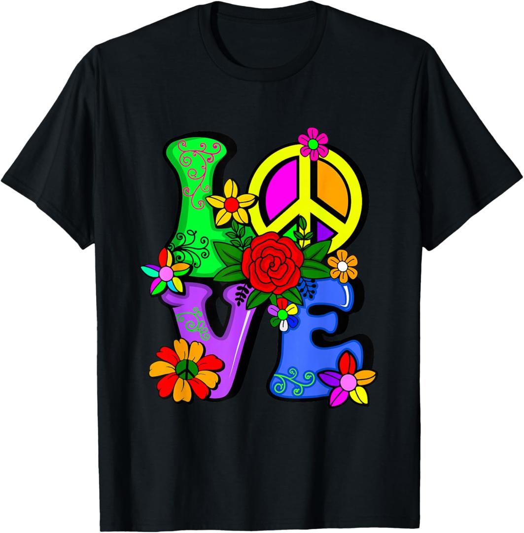 Retro 60's 70's Flower Power Hippy, Groovy Love Peace Hippie T-Shirt, Black, Large