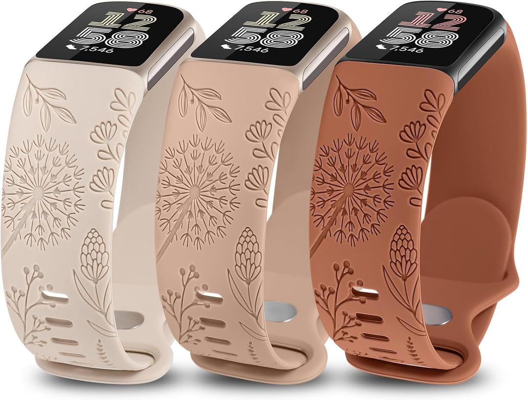 Minyee 3 Packs Floral Engraved Band Compatible with Fitbit Charge 6 Bands/Fitbit Charge 5 Bands Women, Cute Soft Silicone Dandelion Flower Pattern Sport Designer Fancy Summer Strap for Charge 6/5 (Starlight/ Nude/ Brown)