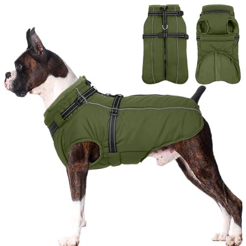 Lelepet Dog Coat for Large Dogs Waterproof Dog Jacket with Harness Built in Reflective Fleece Jacket with Zip Warm Winter Coats for Dogs Thermal Pet Snowsuit for Outdoor, Border Collie, Army Green, XL