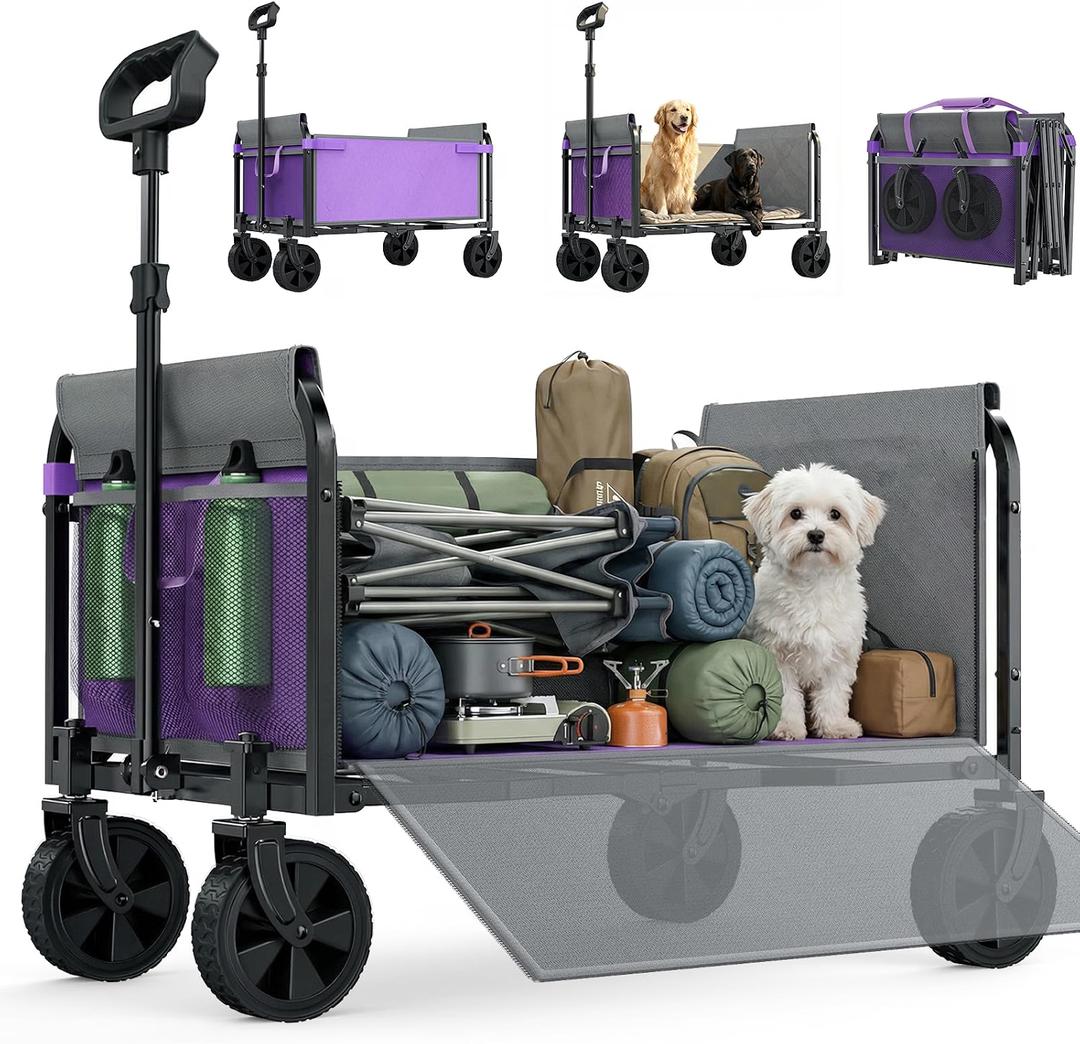 Wagons Carts Foldable, Lightweight Collapsible Utility Wagon-220LBS Capacity One-Side Full Zipper, Side Load No Lifting for Light Camping, Grocery, Shopping, Sports & Apartment Moving (Purple)