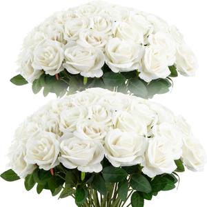 Cliselda 72pcs White Roses Artificial Flower in Bulk, Realistic Velvet Silk Faux Roses for Wedding Centerpieces, Bridal Bouquets, Home Decor, Anniversary, Valentine's Day, Mohter's Day Decorations