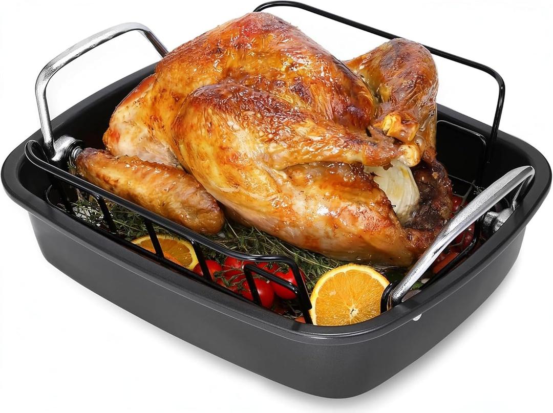 Nonstick Roasting Pan with Rack, Turkey Roasting Pan for Oven, Large Roaster Pan with Handle for Chicken, 17 X 13 Inch, Carbon Steel, Dark Grey
