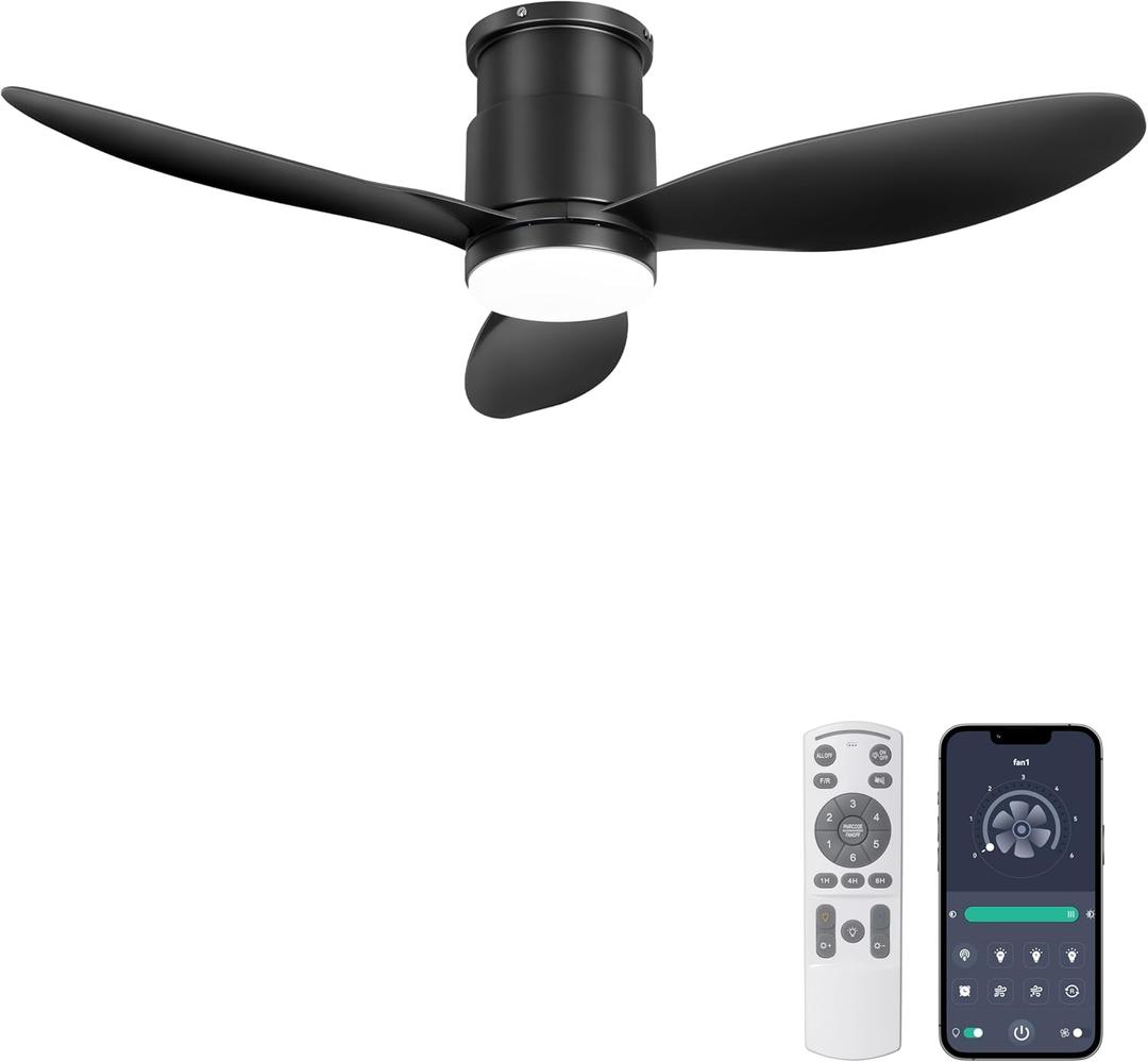 Ohniyou 42'' Flush Mount Ceiling Fan with Lights, Remote/App Control, 3 Colors & Dimmable, Quiet DC Motor Indoor Ceiling Fan for Bedroom Kitchen, Black