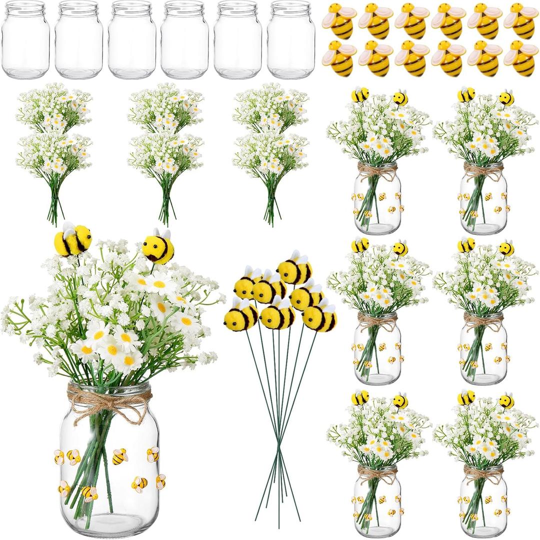 6 Sets/79 Pcs Bee Themed Party Decor Honeybee Table Centerpieces Mason Jar Rustic Farmhouse Supplies with Artificial Daisy Baby's Breath Flowers for Baby Shower Birthday Spring Summer Party