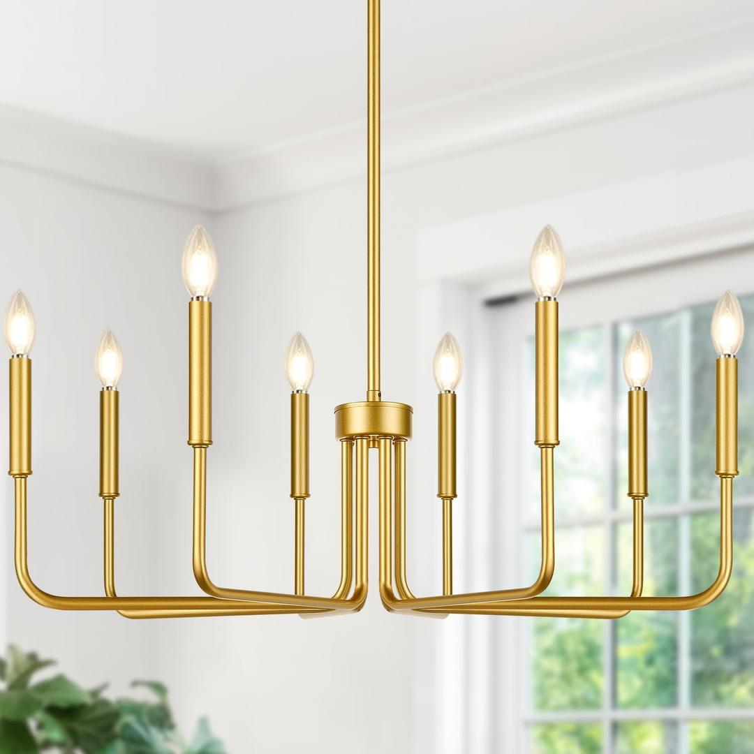 Lynnoland 8-Light Farmhouse Chandelier for Dining Room Lighting Fixtures Hanging, Gold Dining Light Fixtures Industrial Chandelier for Bedroom, Foyer, Hall, Kitchen, Living Room and Entryway