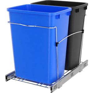 Rev-A-Shelf Double Pullout Trash Cans for Kitchen Cabinets 35 Quart Garbage Recycling Bin on Full Slides, Blue/Black, RV-18KD-2218C-S