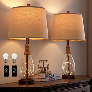 OYEARS Bedside Table Lamps Set of 2 with USB, Modern Bedside Lamps Retro Farmhouse Rattan Glass Nightstand Nightlight Lamps for Bedroom Living Room Dorm,Two Light Points (Wood-Like)