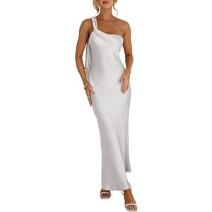 2026 Satin One Shoulder Maxi Dress for Women Summer Silk Formal Elegant Backless Ruffle Sleeveless Wedding Guest Dresses (White, M)