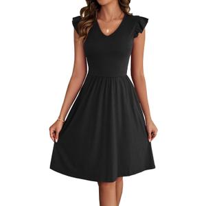 HELYO Women's Summer Dresses Cute V Neck Ruffle Sleeve Cocktail Short Work Casual Dress with Pockets 648 (Black, S)