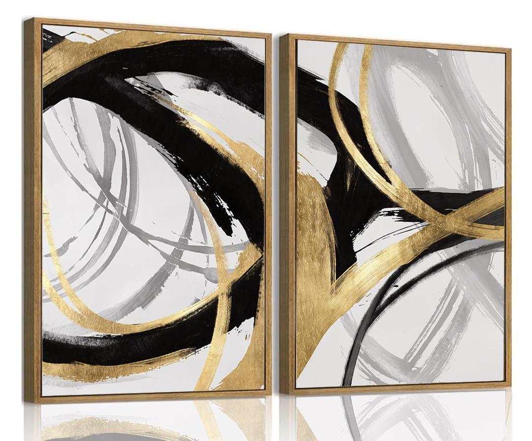 Yolbcdr Framed Wall Art Abstract Canvas Wall Art Set of 2 Black Gold Decor Pictures Modern Print Artwork for Bedroom Living Room Office 16x24 inch Framed