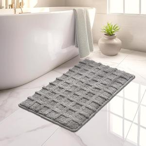 Bathroom Rugs 24''x 16'' Non Slip Absorbent Water Bath Mats for Bathroom Kitchen and Shower Floor, Cute Small Bath Mat Quick Dry Bathroom Mat Boho Checkered Grey Bathroom Mats