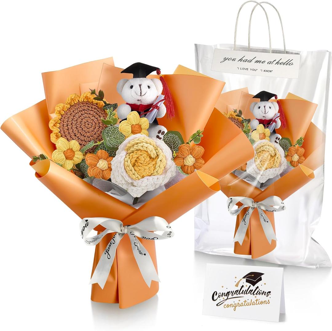 Giegxin 2025 Graduation Bear Flower Bouquet Set Includes Knitted Flower Bouquet Greeting Card Gift Bag for Graduation Flowers Party Favors Supplies(Orange)