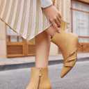 Coutgo Womens Buckle Strap Ankle Booties Kitten Low Heel Pointed Toe Y2K Boots Side Zipper Fall Shoes (9, Khaki)