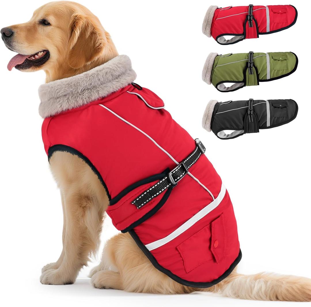 Dog Winter Coat Jacket Waterproof for XL Large Dogs, Reflective Pet Vest Warm Fleece Cozy for Cold Weather, Dogs Snowsuit Windproof, Adjustable Buckle (Red, XL)