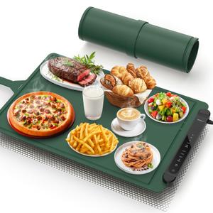 Food Warming Mat Electric Tray: Adjustable Silicone Heating Pad with 3 Temperature Settings 4 Timer Function Portable Roll Up Hot Plate for Buffets Party Gatherings Kitchen Warmer Countertop Green