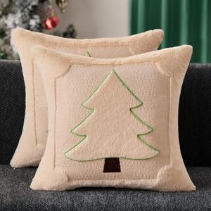 DFXSZ Christmas Pillow Covers 18x18 Green Line Beige Christmas Tree Decoration Soft Plush Faux Fur Jacquard Throw Pillows for Bedroom Sofa Holiday Festivals Winter Home Decor PTK064C18