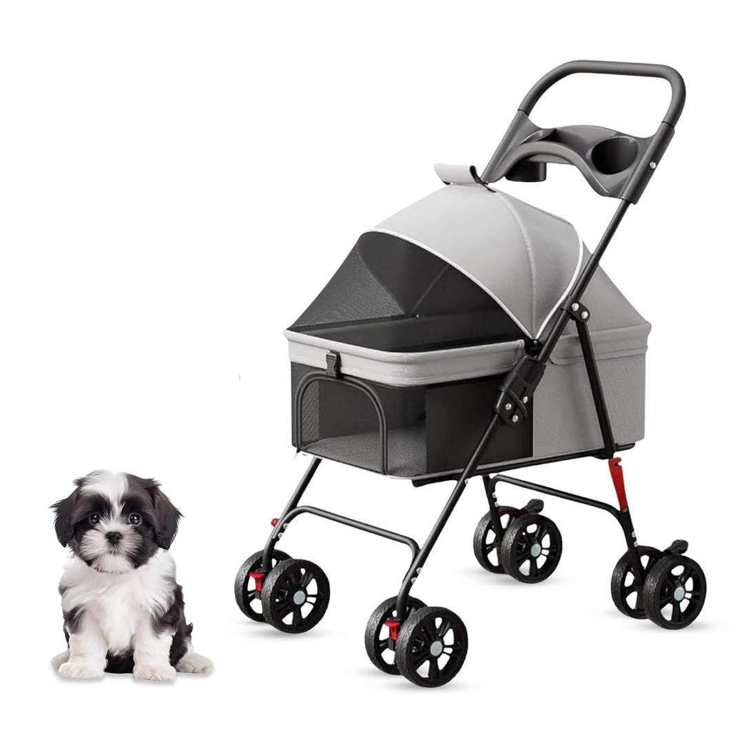 4 Wheel Foldable Pet Stroller - Lightweight Dogs and Cats Stroller Upto 44lbs with Mesh Canopy, Storage Basket and Cup Holder, Durable for Walks and Outings (Small)