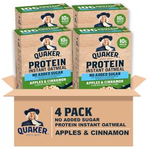 Quaker Protein Instant Oatmeal, Apple Cinnamon, 12g Protein per Serving, Whole Grains, No Artificial Flavors, No Added Colors, 1.76 oz Packets, (24 Pack), BB 02-21-27
