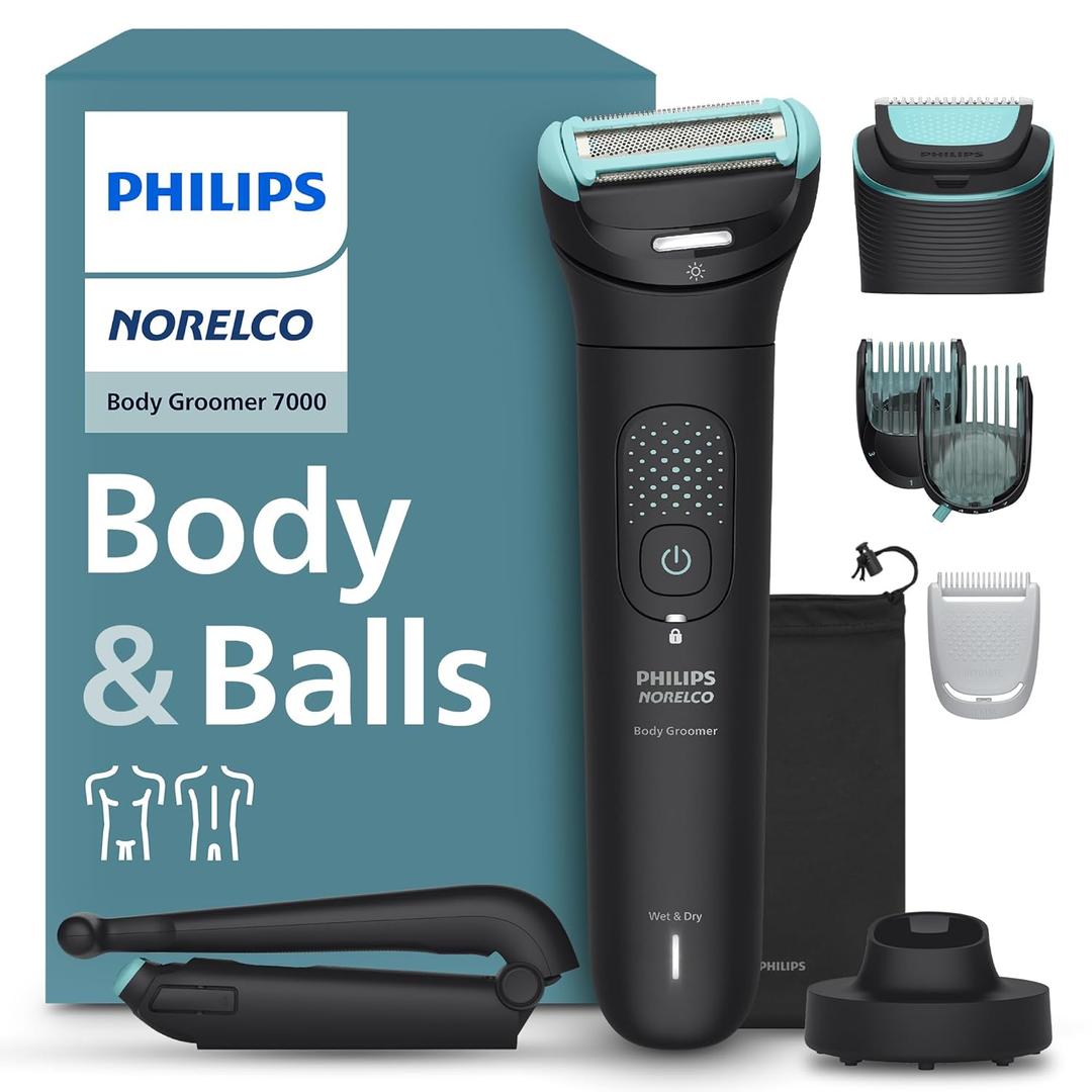 Philips Norelco Body Groomer 7000 Series, Men's Whole Body Groomer, Contour-Following 2D Flexing Head, Triple Protect Shave System & Intimate Body Hair Trimmer, 100% Showerproof, BG7480/50 (Black)