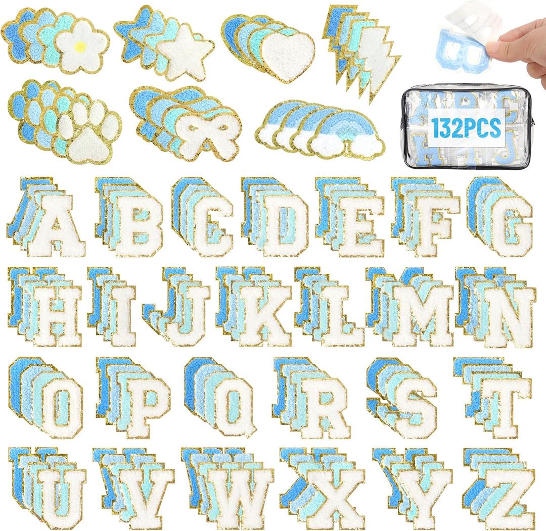 NICEVINYL Self Adhesive Chenille Patches：132PCS Blue Pre-Sort Varsity Letter Patch for DIY Bags Backpacks Hats - Heart Star Bowknot Cute Patch Stickers for Birthday Party Gifts Crafts
