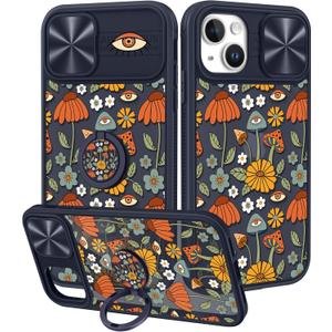 for iPhone 14 Case with Slide Camera Cover, Mushroon Cases for iPhone 14 with Ring Holder, Mushroon Eyes Stylish Aesthetic Designer Slim Protective Cover for 14