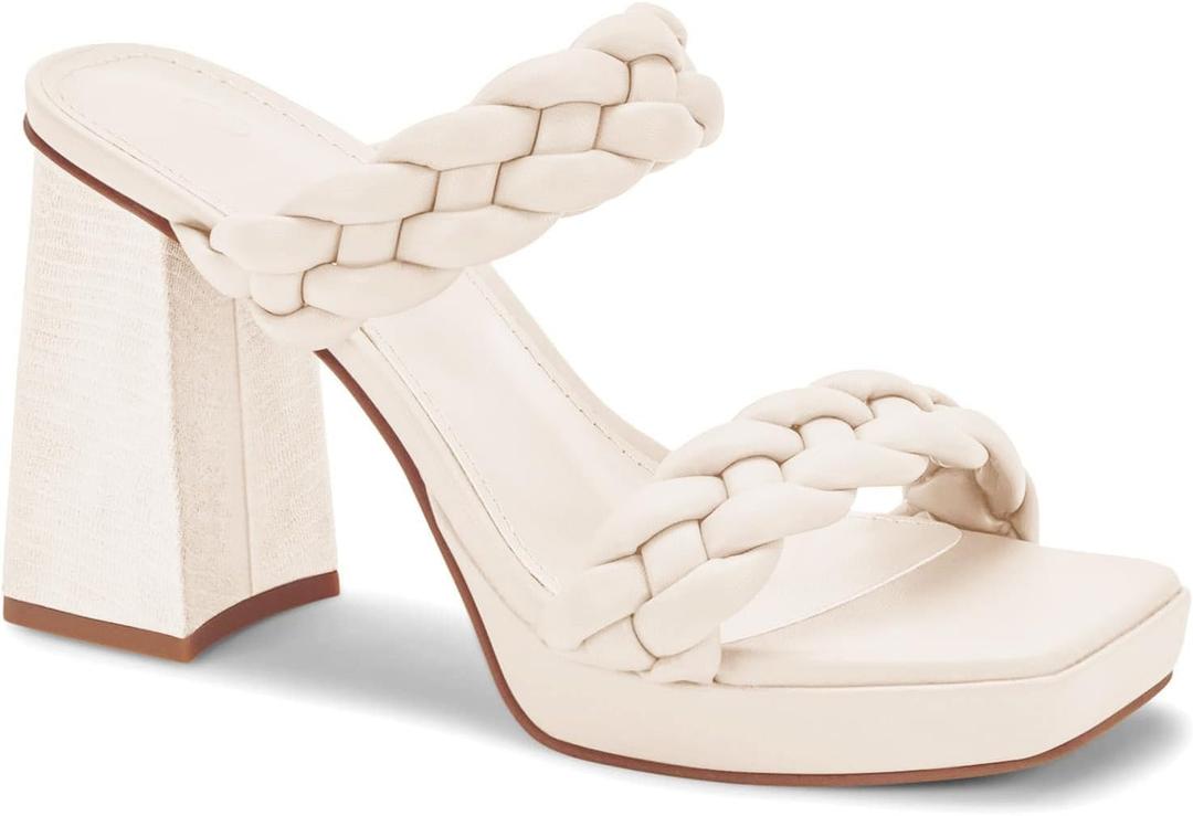 Coutgo Womens Platform Heels Chunky Heel Braided Heeled Sandals Slip on High Mules Party Summer Dress Shoes (9, White)