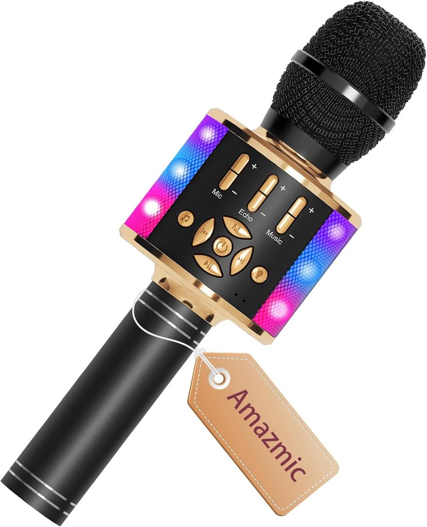 Amazmic Kids Karaoke Microphone Machine Toy Bluetooth Microphone Portable Wireless Karaoke Machine Handheld with LED Lights, Gift for Children Adults Birthday Party, Home KTV(Black Gold)