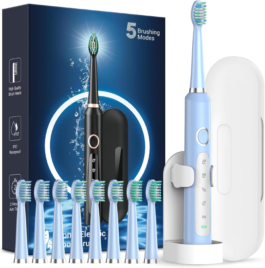 Rtauys M5 Sonic Electric Toothbrush for Adults and Kids - Rechargeable Electric Toothbrush Kids Ages 12+ and Adults with 8 Brush Heads & Travel Case, 120 Days Battery Life - Light Blue