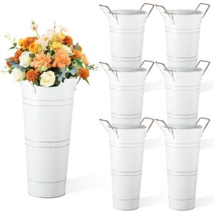 6pcs Galvanized Bucket Bar Flower Bucket Metal Vase with Handles Farmhouse Vases for Flowers Wedding Table Centerpiece Decorations Rustic Vintage Metal Floral Container for Party Home Arrangements