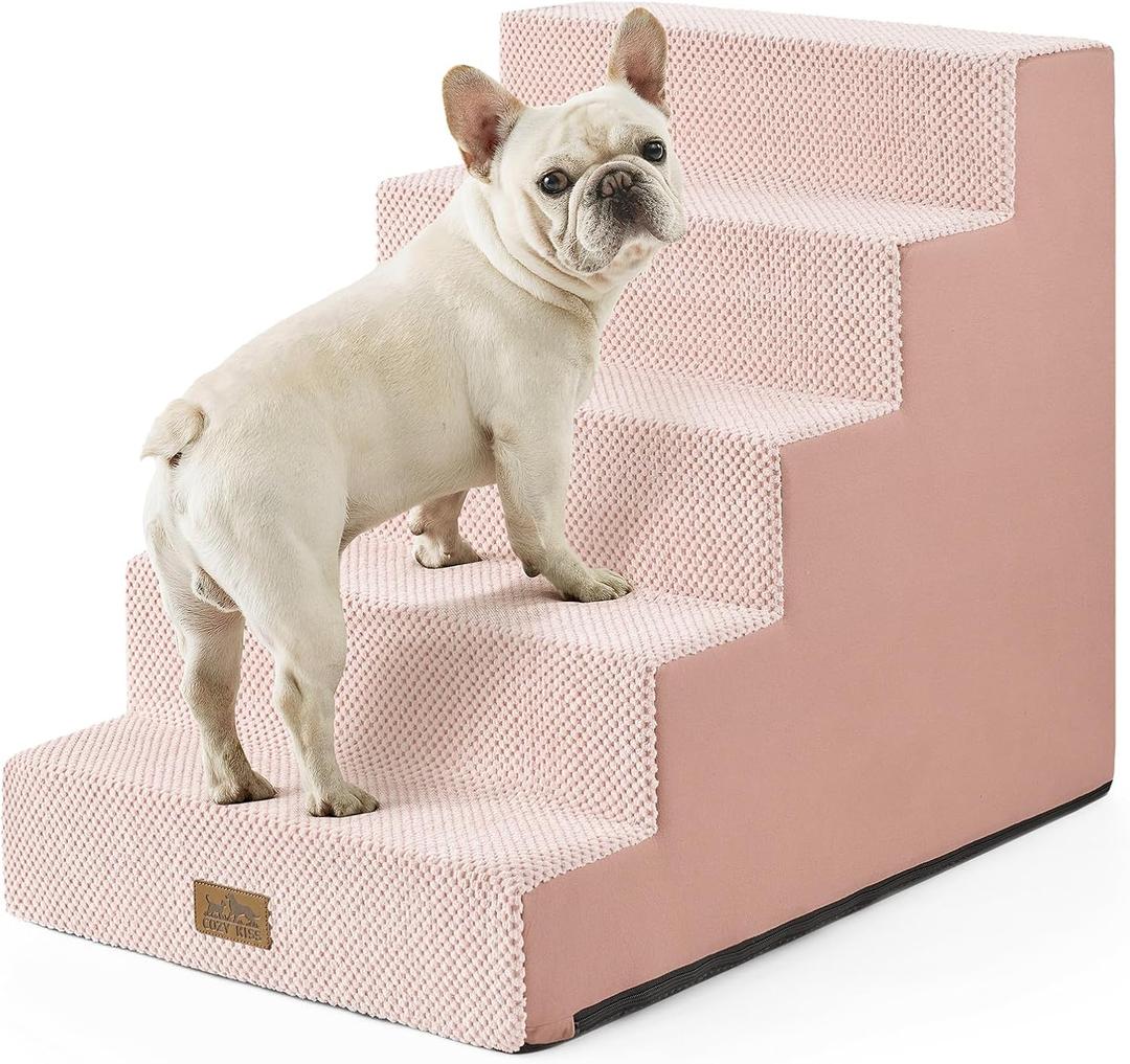 Dog Stairs for Small Dogs 5-Step, 19.7" Extra Wide Right-Angle Pet Stairs for Couch and Beds, Anti-Slip Dog Steps for Old Cats and Lowrider, 19.7x29.5x23.6 inch, Pink